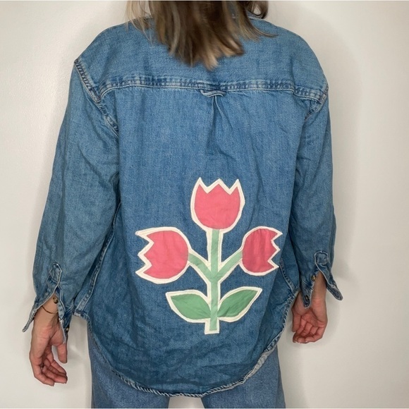 Unique Tulip Patchwork Flower Bouquet Oversized Slouchy Denim Jean Jacket - Picture 6 of 7